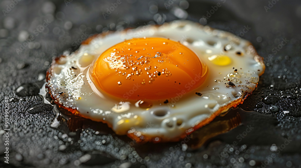 Cracked egg with yolk on pan background