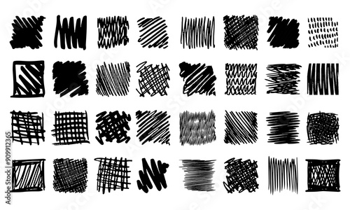 Thirty Two Textured Handwritten Squares, Small Backgrounds. Doodles and Squiggles. Vector Set