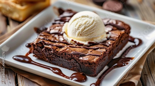 A rich brownie topped with a scoop of vanilla ice cream and drizzled with chocolate sauce on a white plate