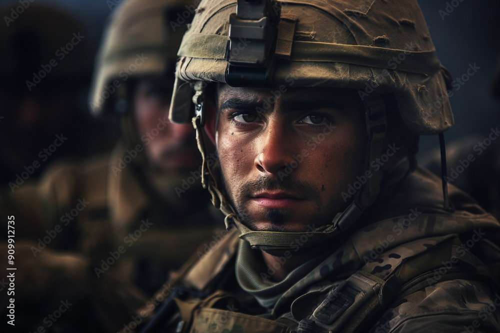 Generative AI illustration of soldier portrait in uniform and protective helmet Generative AI illustration of soldier portrait in uniform and protective helmet