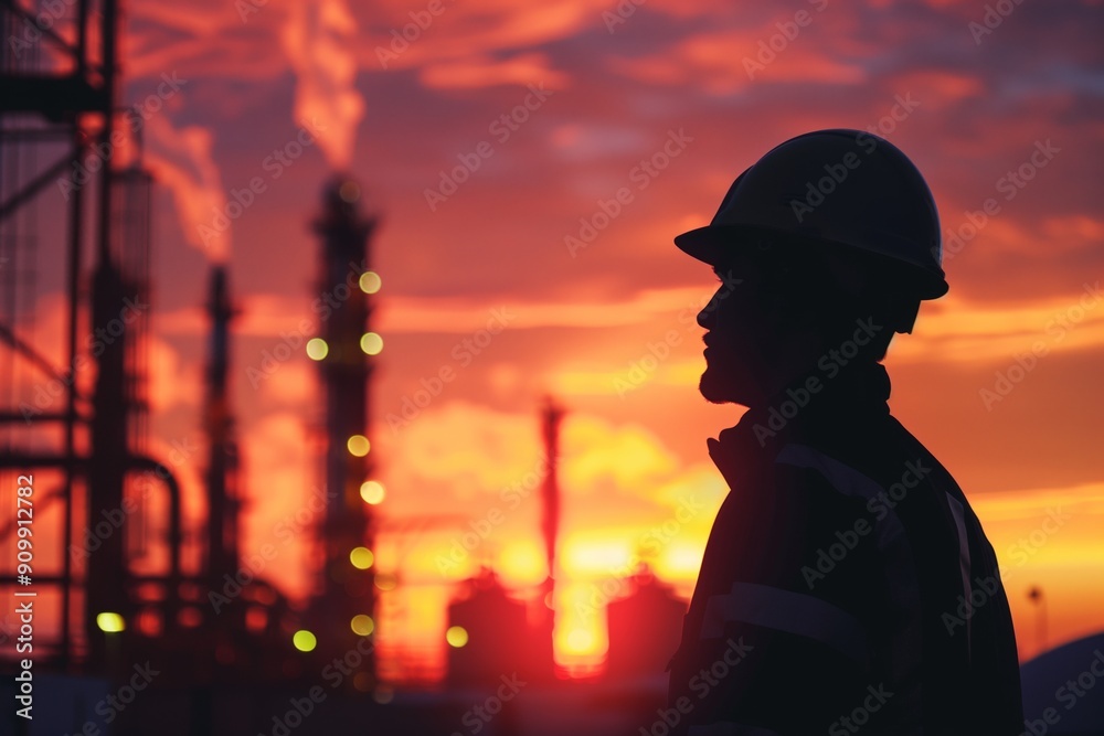 Silhouette of a worker with an industrial refinery in the background during sunset. Silhouette of a worker with an industrial refinery in the background during sunset.