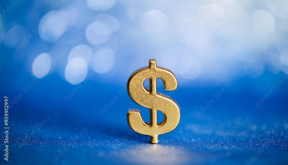 Golden dollar symbol on blue. Financial prosperity and wealth. Business and money, economic. Golden dollar symbol on blue. Financial prosperity and wealth. Business and money, economic.