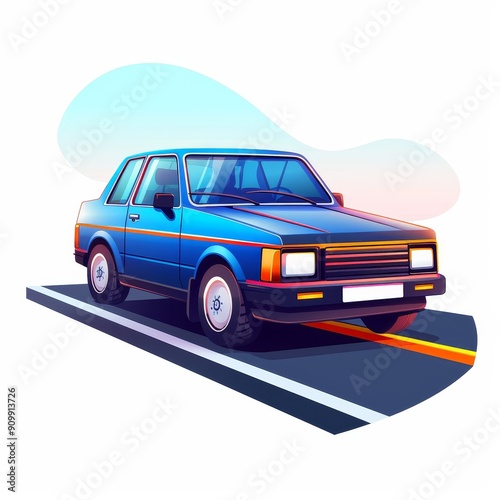 Illustration of a classic blue car driving on a road with a colorful background. Perfect for automotive and retro-themed designs. photo