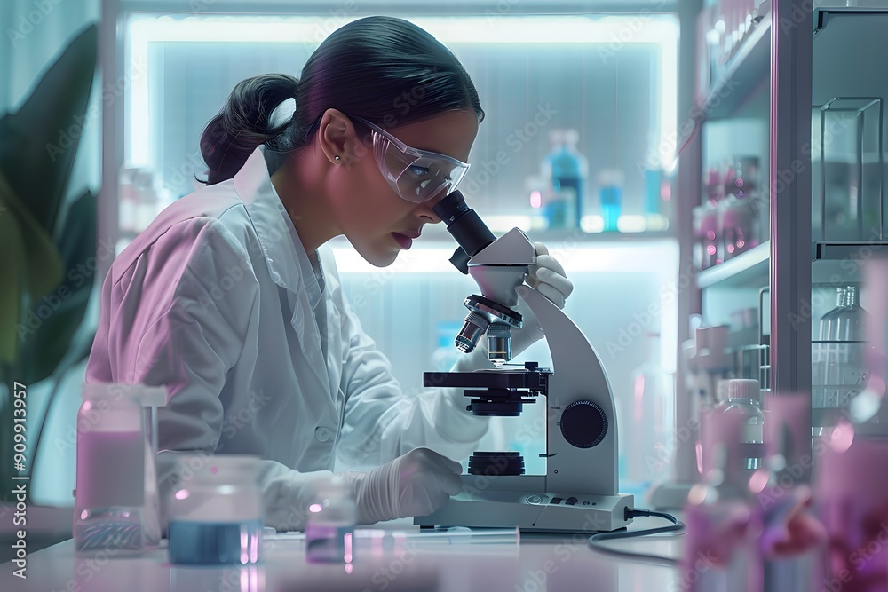 Focused Research: A Scientist Examining Samples Under a Microscope in a Modern Laboratory Focused Research: A Scientist Examining Samples Under a Microscope in a Modern Laboratory