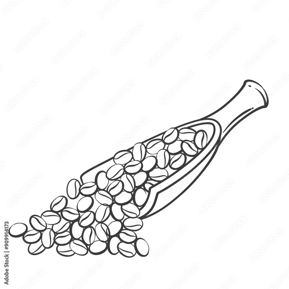Wooden spoon with coffee beans line icon. Hand drawn retro organic grains pouring out of scoop to roast for morning drink. Breakfast, coffee break mascot, outline seeds icon vector illustration Wooden spoon with coffee beans line icon. Hand drawn retro organic grains pouring out of scoop to roast for morning drink. Breakfast, coffee break mascot, outline seeds icon vector illustration