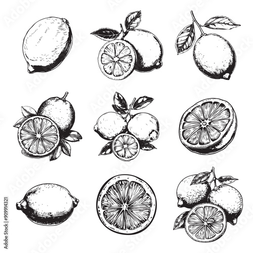 Set of lemon vector illustrations - hand drawn lemon - black and white lemon isolated on white background