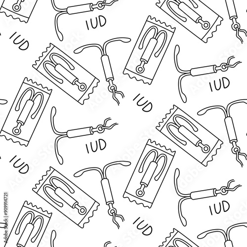 pattern of an intrauterine contraceptive device on a white IUD background. A contour-style female contraceptive. The item is packaged and separately labeled. Contraceptives, sex education
