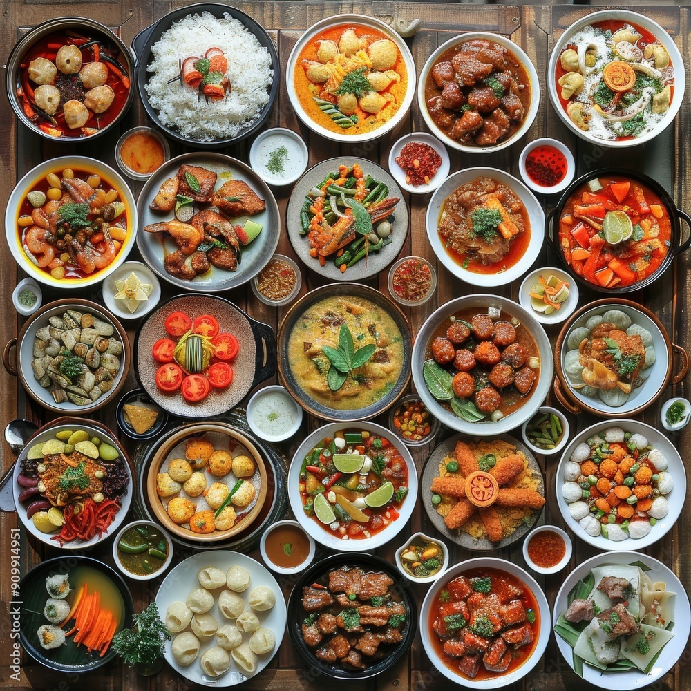 A vibrant spread includes rice, various meat dishes, dumplings, and fresh vegetables, showcasing culinary diversity at a communal meal A vibrant spread includes rice, various meat dishes, dumplings, and fresh vegetables, showcasing culinary diversity at a communal meal