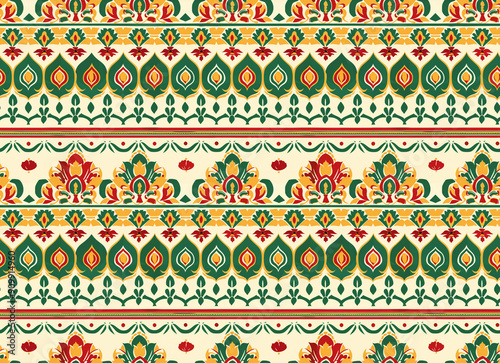 Seamless Red and Green Floral Pattern with Decorative Elements