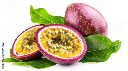 Passion fruit Isolated with leaf Passion maracuya fruit on white background with clipping path As design element : Generative AI photo