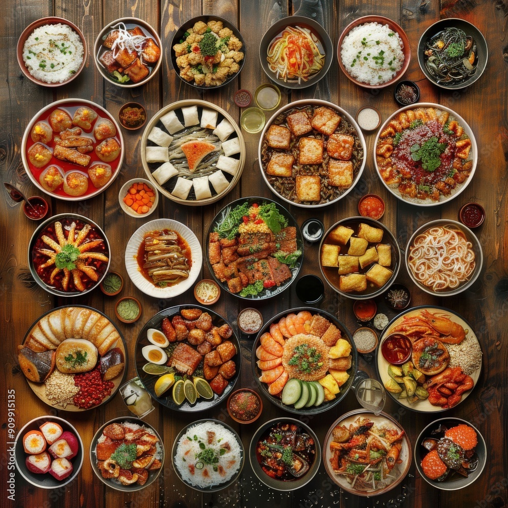 A beautiful spread of various cuisines is arranged on a wooden table, showcasing vibrant colors and flavors, perfect for a communal dining experience A beautiful spread of various cuisines is arranged on a wooden table, showcasing vibrant colors and flavors, perfect for a communal dining experience