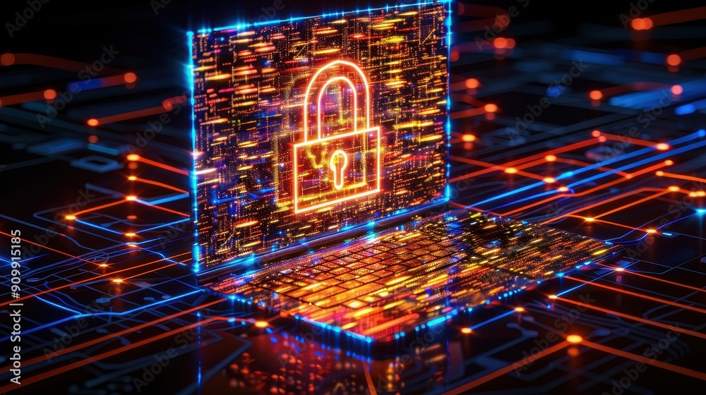 Futuristic laptop with neon padlock symbol, representing digital security and data protection in the technology landscape. Futuristic laptop with neon padlock symbol, representing digital security and data protection in the technology landscape.