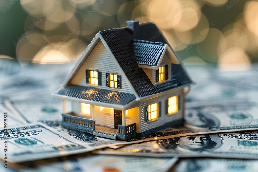 A Miniature House Surrounded by Dollar Bills, Symbolizing Real Estate Investment A Miniature House Surrounded by Dollar Bills, Symbolizing Real Estate Investment