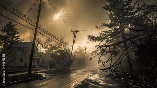 Electricity outage as consequences of natural disaster. Damaged power lines after hurricane wind broke tree limbs suburban area. AI generated illustration