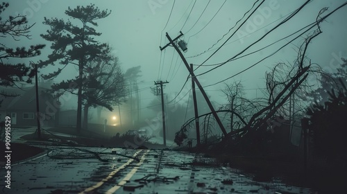 Electricity outage as consequences of natural disaster. Damaged power lines after hurricane wind broke tree limbs suburban area. AI generated illustration photo