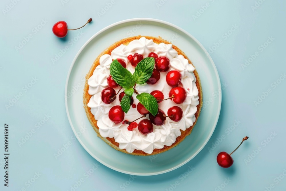A decorated cake on a white plate, topped with whipped cream and cherries A decorated cake on a white plate, topped with whipped cream and cherries