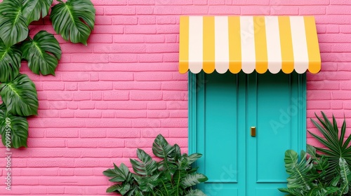 Vibrant door with yellow awning on a pink wall surrounded by lush green plants, creating a lively urban aesthetic.