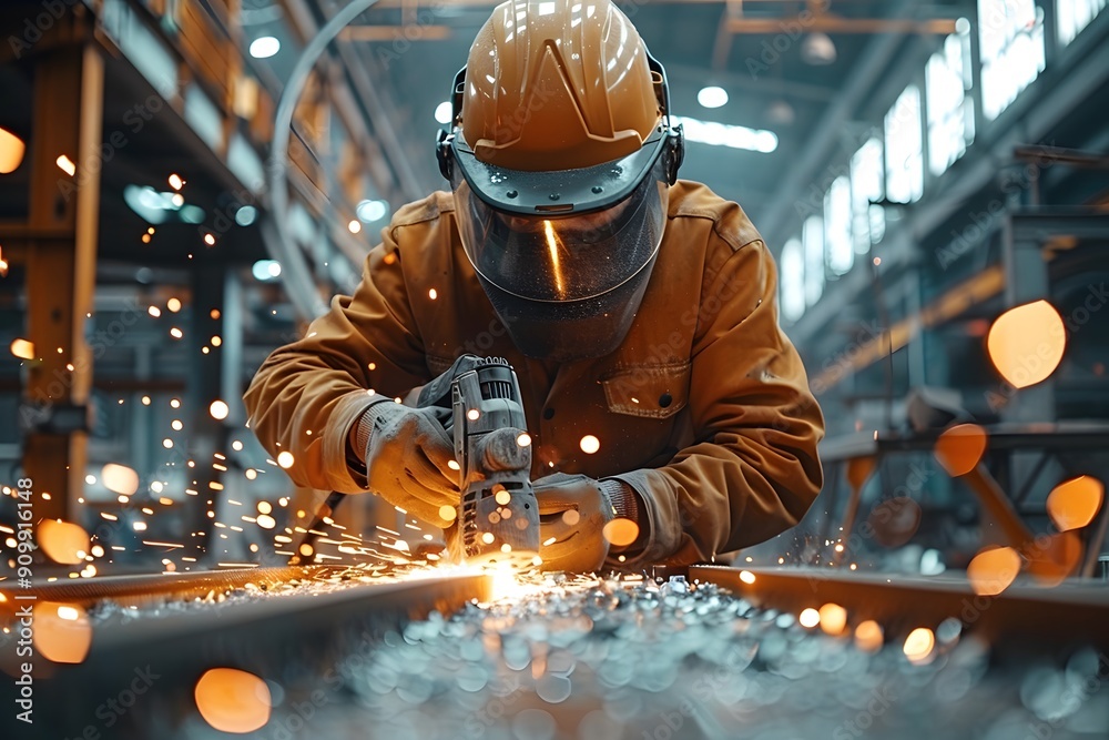 Sparks Fly as a Worker Operates a Grinder in a Busy Industrial Workshop Sparks Fly as a Worker Operates a Grinder in a Busy Industrial Workshop