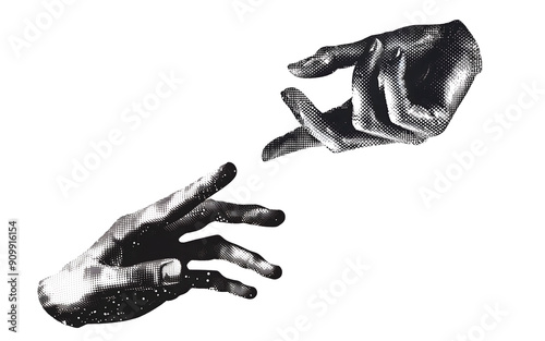 Helping hand and support, hand touch connection, effect halftone grain texture, retro collage. Dots pop art grunge. Concept of relationship, assistance, trust