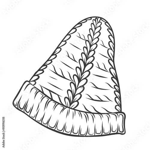 Knitted wool hat line icon. Hand drawn retro headwear for winter and autumn season in plait pattern. Knitwear, knitwork, knitting mascot, outline warm woolen beanie hat icon vector illustration