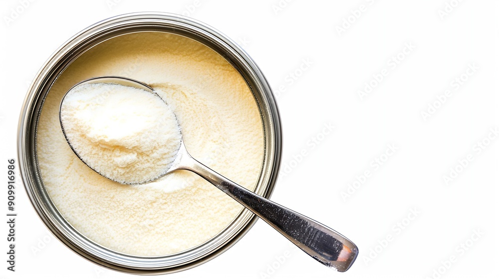 Collagen powder or milk powder in can with spoon isolated on white background with clipping path top view flat lay : Generative AI Collagen powder or milk powder in can with spoon isolated on white background with clipping path top view flat lay : Generative AI