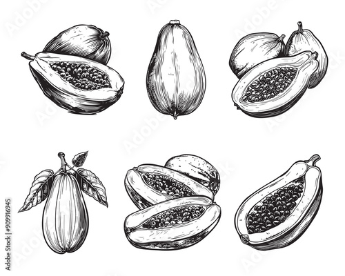 Set of papaya vector illustrations - hand drawn papaya - black and white papaya isolated on white background