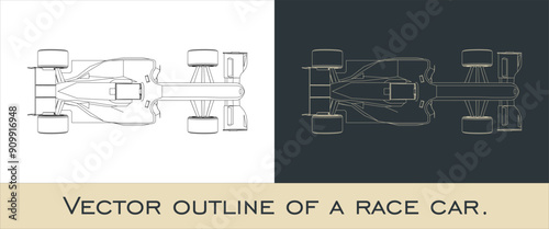 Outline of a F1 race car from above angles.  Formula 1 Vector blueprint isolated on a transparent background