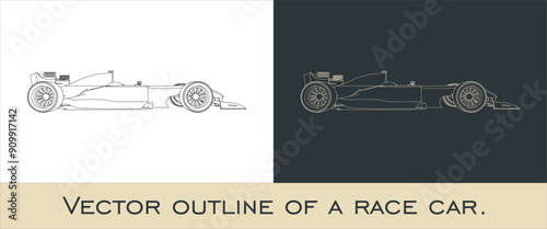 Outline of a Formula 1 race car from side angles. F1 Vector blueprint isolated on a transparent background