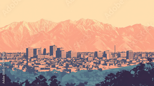 Risograph vintage riso print travel poster, card, wallpaper or banner illustration, modern, isolated, clear, simple of Kabul, Afghanistan. Artistic, screen printing, stencil