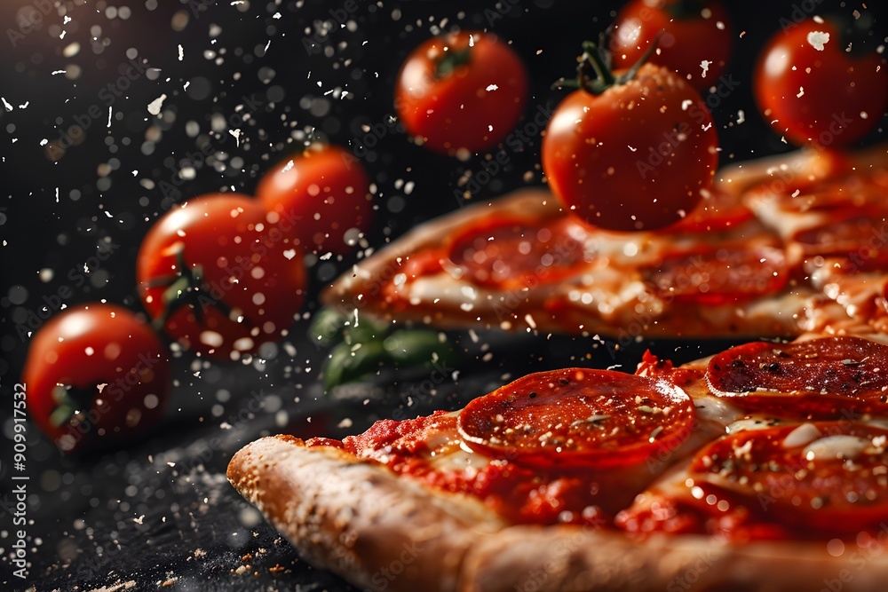Delicious Pepperoni Pizza with Fresh Tomatoes and a Sprinkle of Flour Delicious Pepperoni Pizza with Fresh Tomatoes and a Sprinkle of Flour