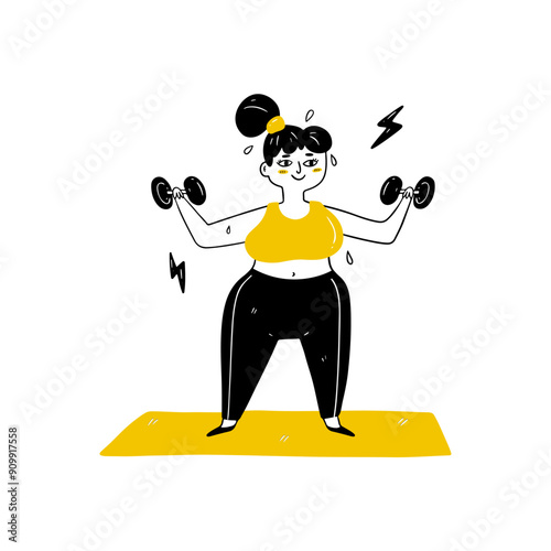 A fat girl in a tracksuit is doing sports. A female character does sports, pumps muscles, lifts dumbbells and dreams of losing weight. Vector illustration hand-drawn in sketch style, doodle on an isol