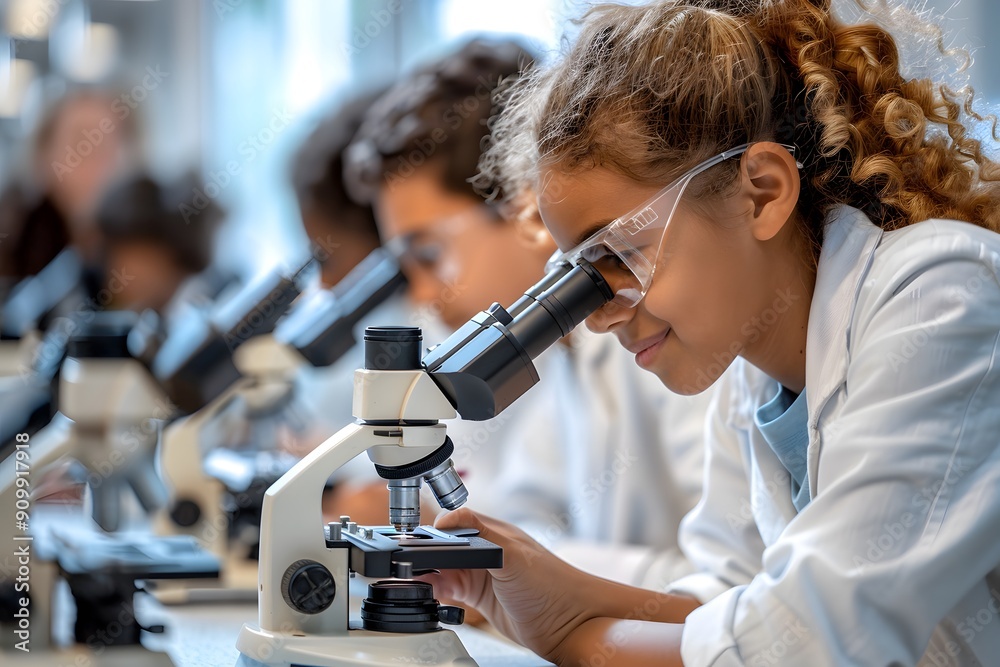 Young Scientists Engaged in Microscopy in a Classroom Setting Young Scientists Engaged in Microscopy in a Classroom Setting