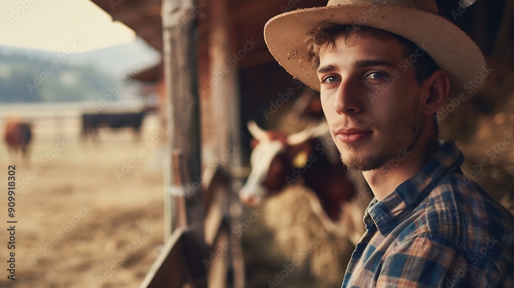 Portrait of a young farmer at cow house on a farm : Generative AI Portrait of a young farmer at cow house on a farm : Generative AI