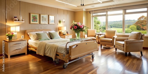 Gentle warm lighting illuminates deserted hospice room with medical equipment, flowers, and comfortable furniture, conveying sense of comfort and care for elderly patients. photo