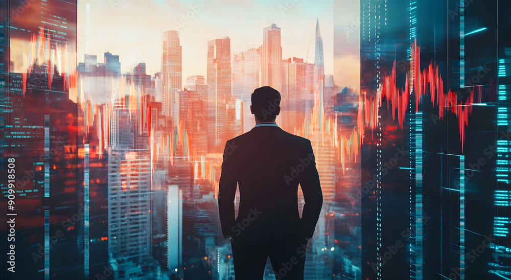 Businessman Standing in Front of Cityscape with Upward Graph Businessman Standing in Front of Cityscape with Upward Graph