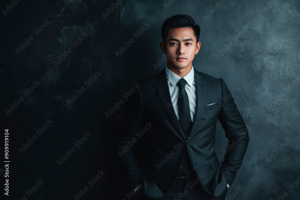 Fototapeta premium Portrait of a handsome man in suit on black background