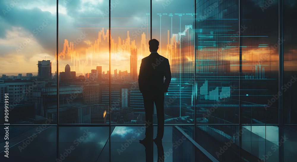 Businessman Standing in Front of Cityscape with Upward Graph Businessman Standing in Front of Cityscape with Upward Graph