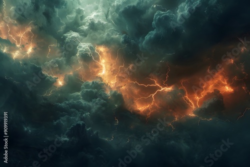 Dramatic Stormy Sky with Lightning and Fiery Clouds