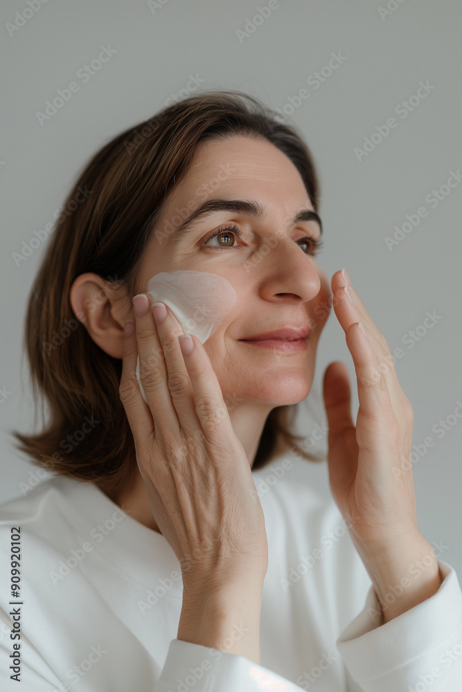 Mature brunette woman applying facial moisturizer lotion, gray background Mature brunette woman applying facial moisturizer lotion, gray background