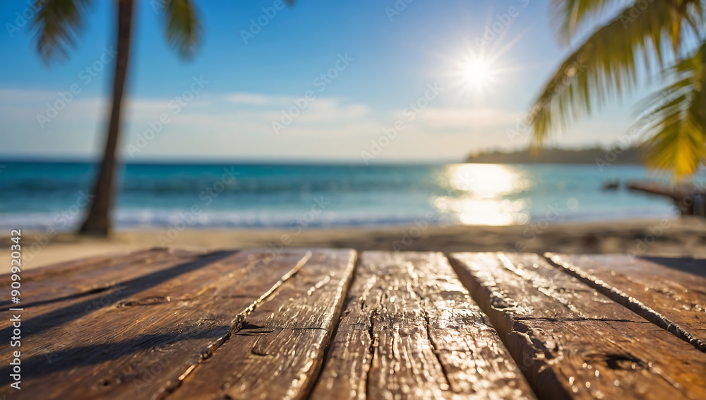 Fototapeta premium Tropical beach at sunset with a wooden pier extending into the ocean