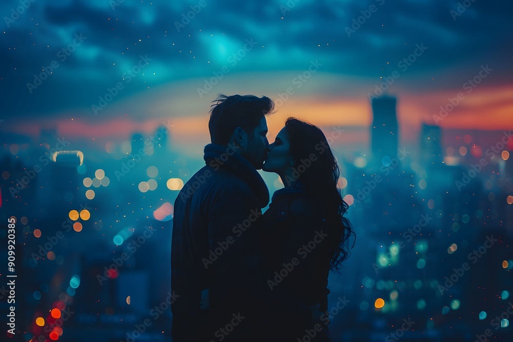 Romantic Silhouette Against a Cityscape at Dusk Romantic Silhouette Against a Cityscape at Dusk