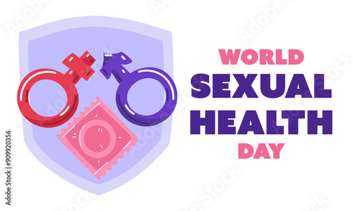 World Sexual Health Day concept background. horizontal banner. flat illustration with contraceptives and male and female sex symbols in pink and blue on background of condom and shield. Sex education