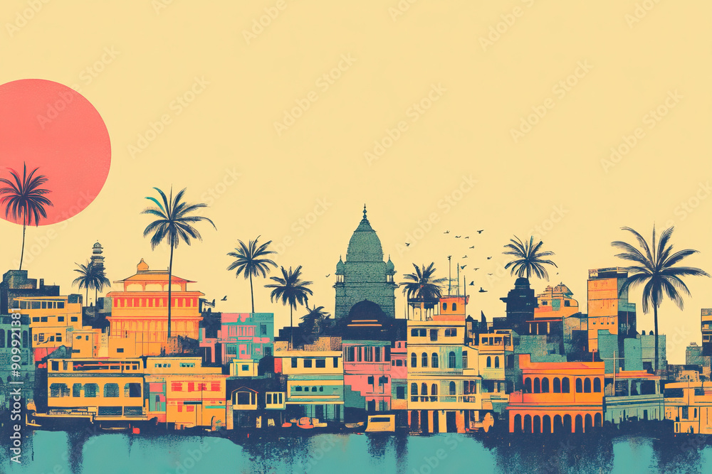 Φωτογραφία Risograph halftone riso print travel poster, card, wallpaper or banner illustration, modern, isolated, clear, simple of Kolkata, India