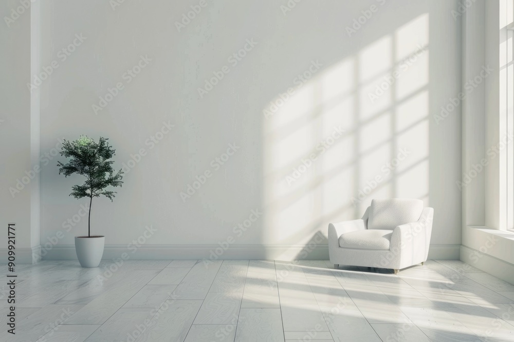 A simple white chair placed next to a window, perfect for a cozy reading nook or minimalist decor A simple white chair placed next to a window, perfect for a cozy reading nook or minimalist decor