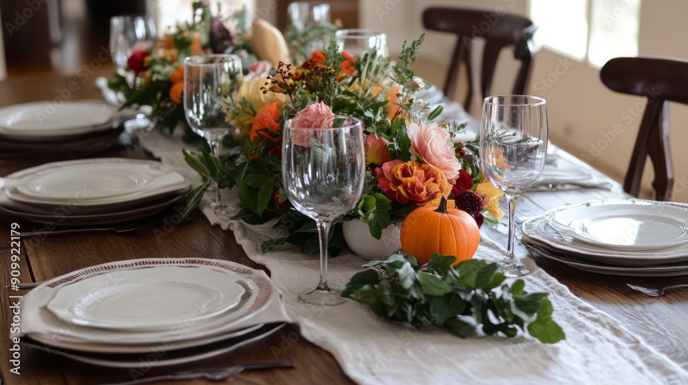 Fototapeta premium Table with food for Thanksgiving Day. Table setting for the Thanksgiving holiday. The concept of celebrating Thanksgiving with family and friends. Interior for Thanksgiving.