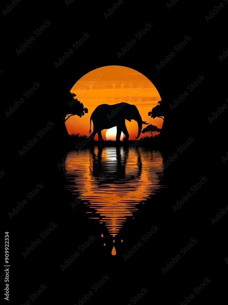 Silhouette of an elephant at sunset by a peaceful water scene Silhouette of an elephant at sunset by a peaceful water scene