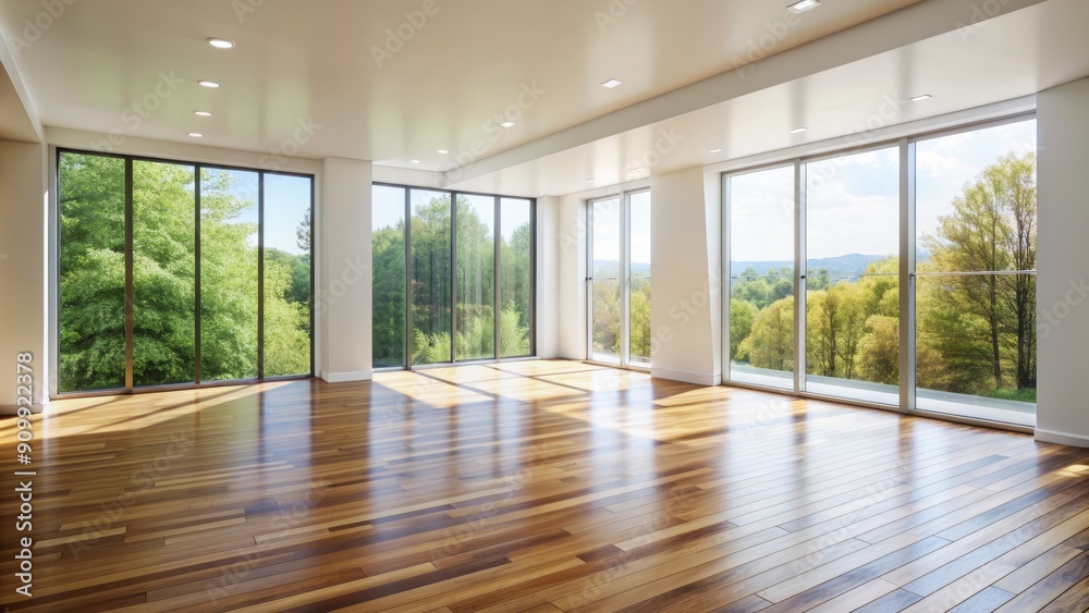 Fototapeta premium Minimalist empty light room interior with bright white walls, polished wooden floor, and large floor-to-ceiling windows allowing natural light to flood the space.