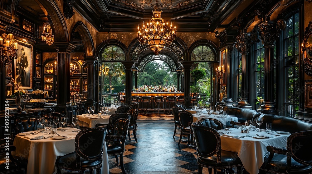 Naklejka premium Interior of a luxury restaurant. 3d rendering. Computer digital drawing.