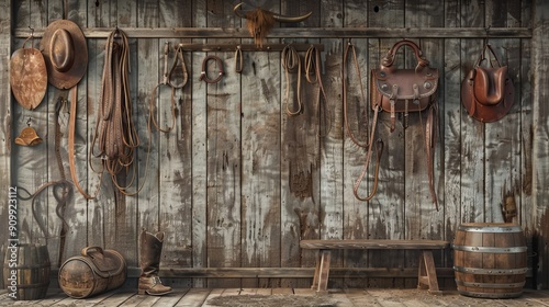 Rustic Equestrian Charm Vintage Barnwood Backdrop with Saddles Bridles and Riding Boots Perfect for Horse Farming and Country Lifestyle Themes