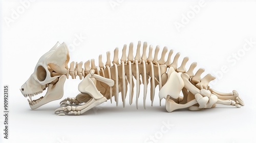 A detailed side view of a cat skeleton showcasing the intricate bone structure and anatomy of feline species. photo